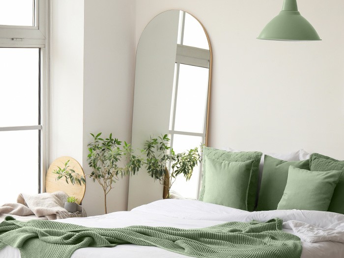 Bedroom featuring a mirror on the side of the bed next to a plant.